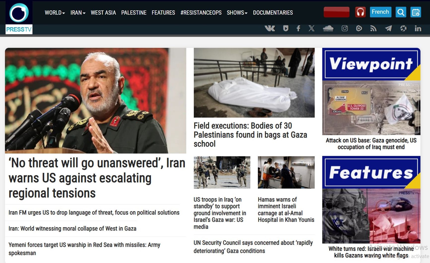 A screengrab of PRESS TV’s website from 31 January 2024 features the outlet’s standard mix of pro-Iranian, anti-American, anti-Israeli coverage.